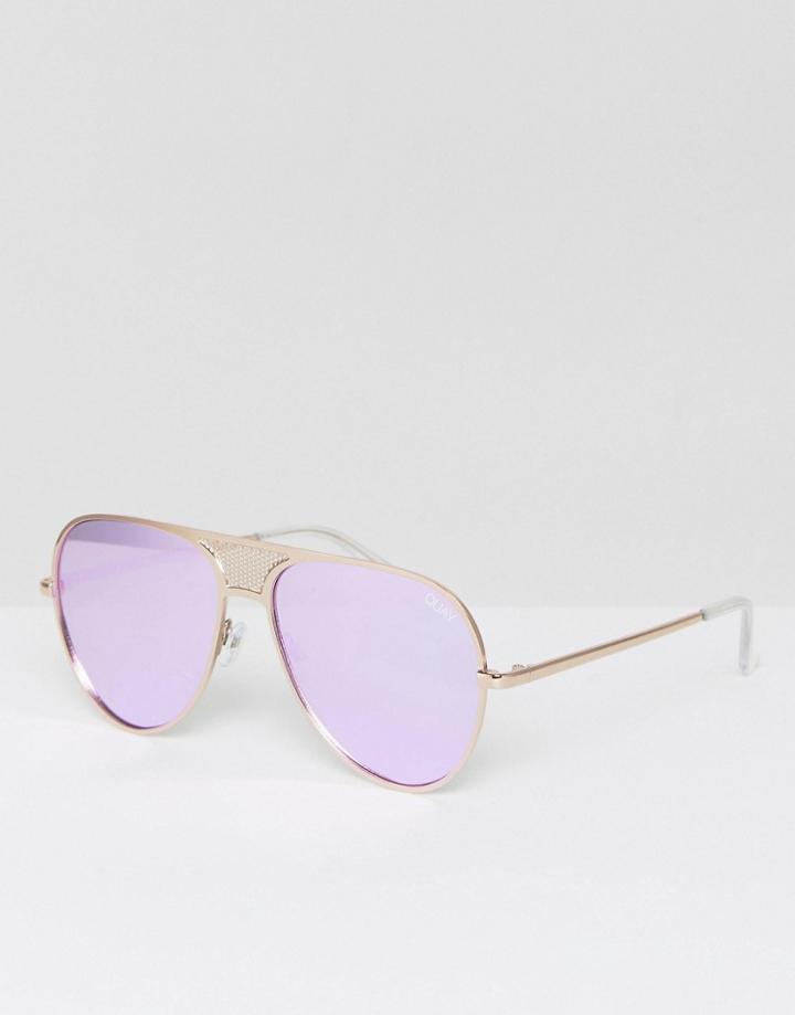 Quay Australia X Kylie Jenner Iconic Aviator Sunglasses In Gold - Purple