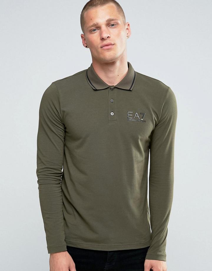 Emporio Armani Ea7 Polo Shirt With Tipping In Khaki Long Sleeves - Green
