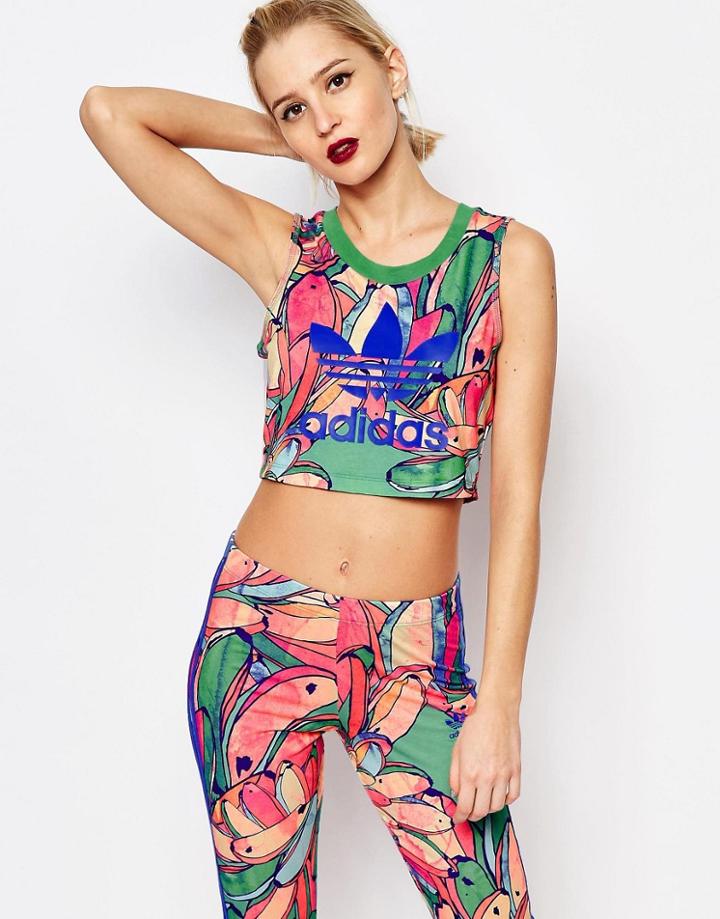 Adidas Originals Farm Cropped Tank Top In Banana Print - Multicolor