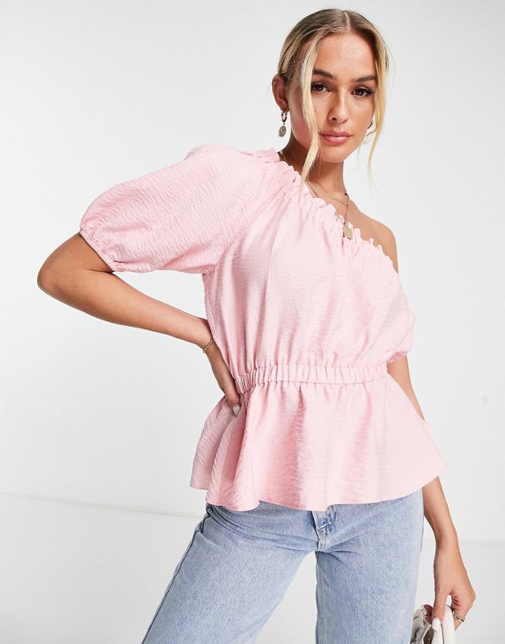 Asos Design One Shoulder Linen Look Top With Elasticated Waist In Pink-green