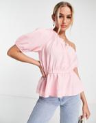 Asos Design One Shoulder Linen Look Top With Elasticated Waist In Pink-green