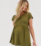Asos Design Maternity Nursing Short Sleeve Smock Top With Button Front In Khaki - Green