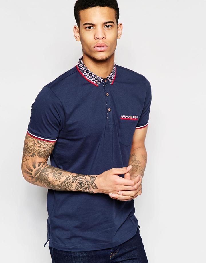 Brave Soul Geo Contrast Collar Polo - Navy