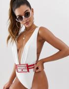 Asos Design Plunge Swimsuit With Pocket Belt In White And Red - White