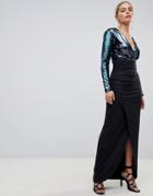 Outrageous Fortune Sequin Plunge Front Midi Dress With Wrap Skirt In Blue Glitter Contrast-multi