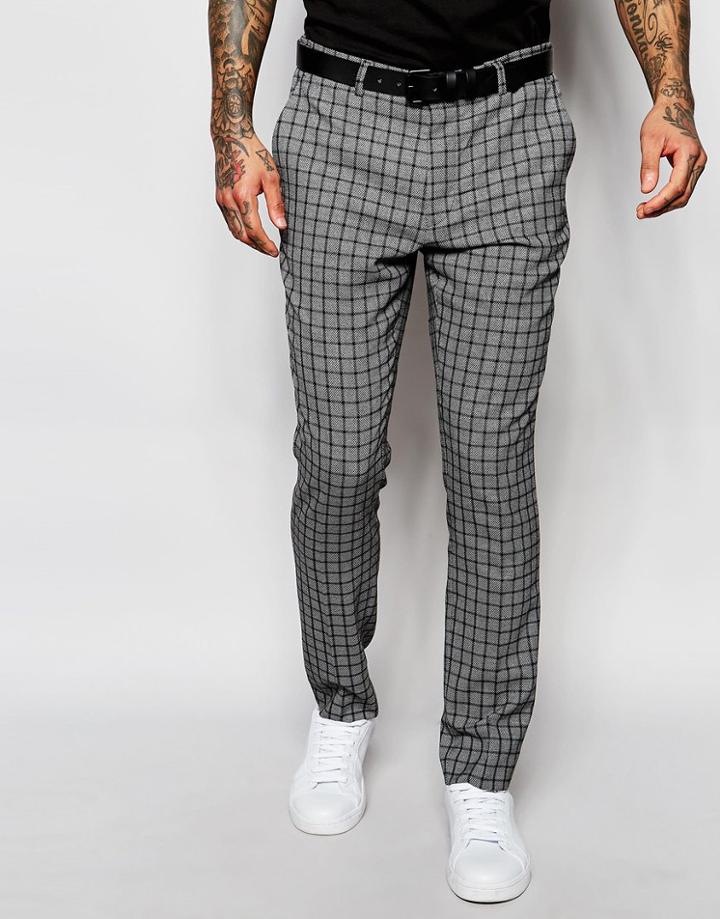 Asos Skinny Suit Trousers In Check In Grey - Gray