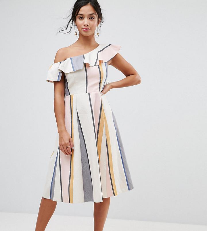 Asos Petite One Shoulder Ruffle Detail Midi Sundress In Natural Fibre Stripe - Multi