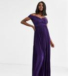 Asos Design Maternity Lace And Pleat Bardot Maxi Dress-purple