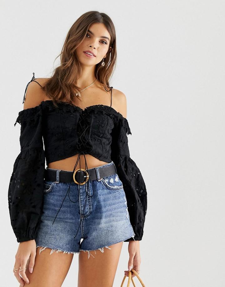 Asos Design Broderie Off Shoulder Top With Lattice Front - Black
