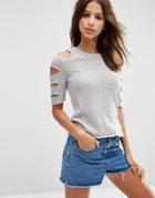 Asos Jumper In Natural Yarn With Slash Shoulder Detail - Gray