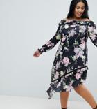 Asos Design Curve Off Shoulder Tea Dress With Shirred Cuffs In Floral Print - Multi