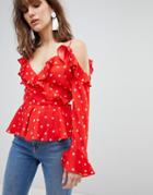 Asos Ruffle Wrap Top With Cold Shoulder In Star - Multi