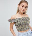 Fashion Union Petite Off Shoulder Top With Shirring In Vintage Floral - Multi