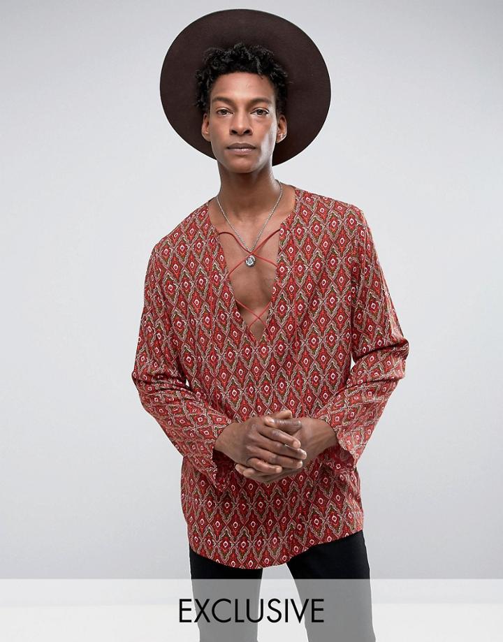 Reclaimed Vintage Inspired Shirt In Geo-tribal Print With Lacing In Reg Fit - Red