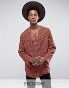 Reclaimed Vintage Inspired Shirt In Geo-tribal Print With Lacing In Reg Fit - Red