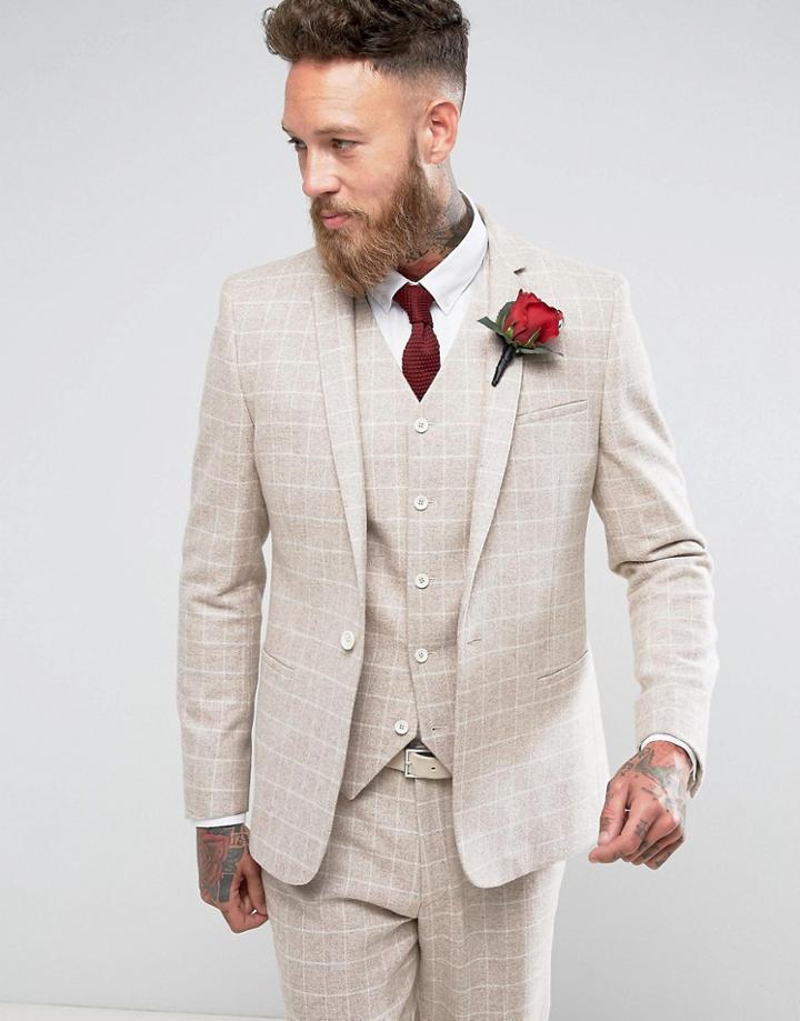 Asos Wedding Skinny Suit Jacket In Oatmeal Wool Mix Grid Check - Gray