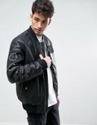 Asos Faux Leather Bomber Jacket With Patches In Black - Black