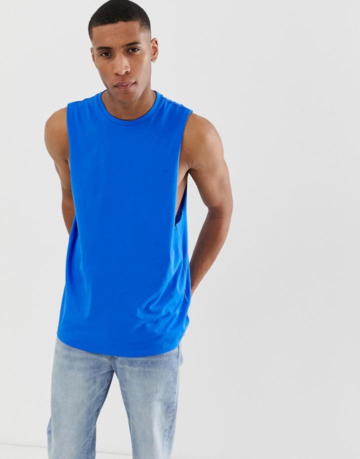 Asos Design Organic Relaxed Sleeveless T-shirt With Dropped Armhole In Blue - Blue