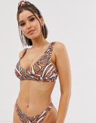 Asos Design Fuller Bust V Crop Bikini Top In Linear Graphic Print Dd-g With Matching Scrunchie - Multi