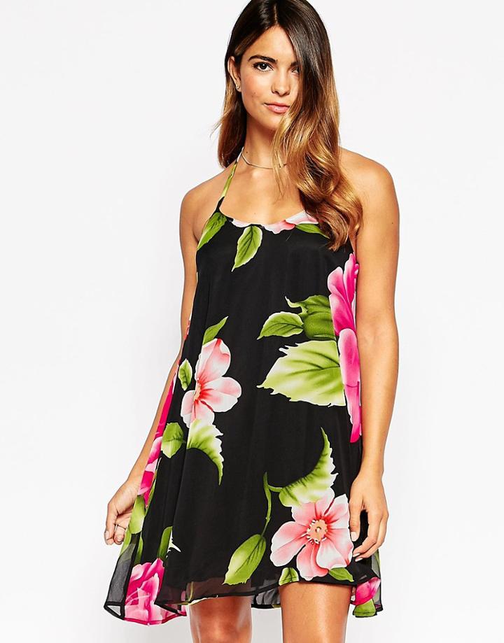 Ax Paris Cami Dress In Tropical Print - Black