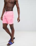 Asos Design Swim Shorts In Neon Pink Acid Wash With Neon Drawcord In Mid Length - Pink