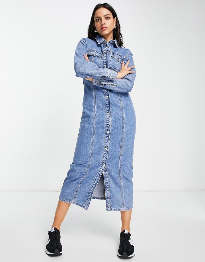 Asos Design Organic Cotton Blend Denim Shirt Midi Dress In Midwash-blue