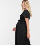 Asos Design Maternity Textured Midi Wrap Dress With Flutter Sleeve In Black