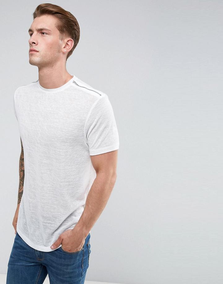 Asos Longline T-shirt In Linen Look With Zips And Curved Hem In Off White - White