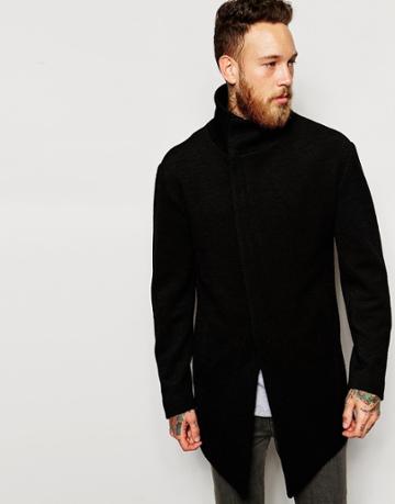 Asos Overcoat With Asymmetrical Zip In Black - Black