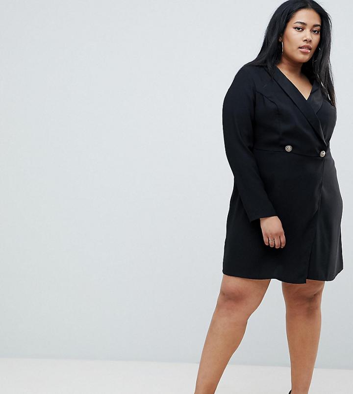 Asos Design Curve Mini Tux Dress With Long Sleeves-black