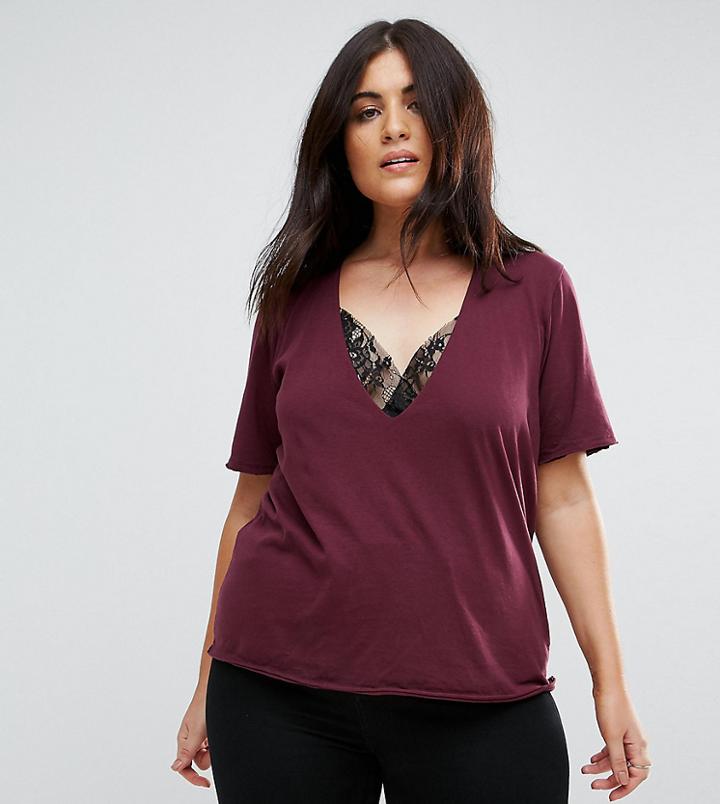 Asos Curve T-shirt With High Neck Ravage Plunge With Lace Insert In Wash - Red