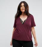 Asos Curve T-shirt With High Neck Ravage Plunge With Lace Insert In Wash - Red
