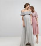 Maya Maternity Bardot Sequin Top Tulle Detail Dress With High Low Hem - Gray