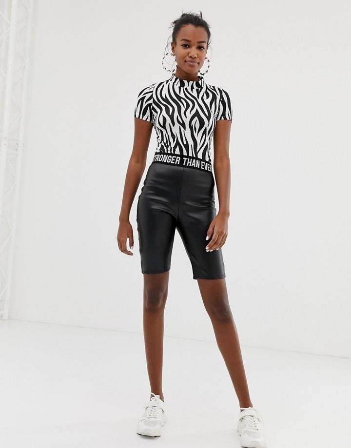 Bershka Pu Legging Short With Printed Waistband In Black - Black