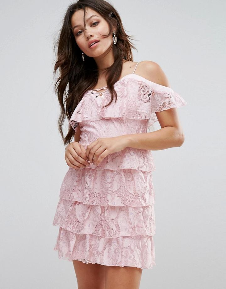 Prettylittlething Lace Up Cold Shoulder Tiered Bardot Dress - Pink