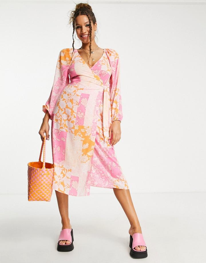 Asos Design Wrap Belted Midi Dress In Pink Patchwork Print-multi