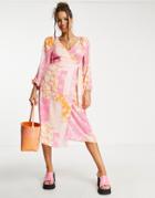 Asos Design Wrap Belted Midi Dress In Pink Patchwork Print-multi
