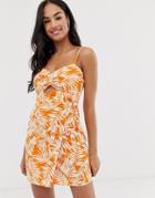 Asos Design Twist Front Wrap Side Mini Sundress In Palm Print-multi