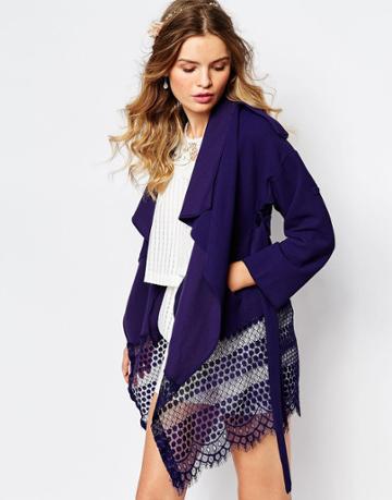 Darccy Wrap Waterfall Trench With Lace Hem - Blue
