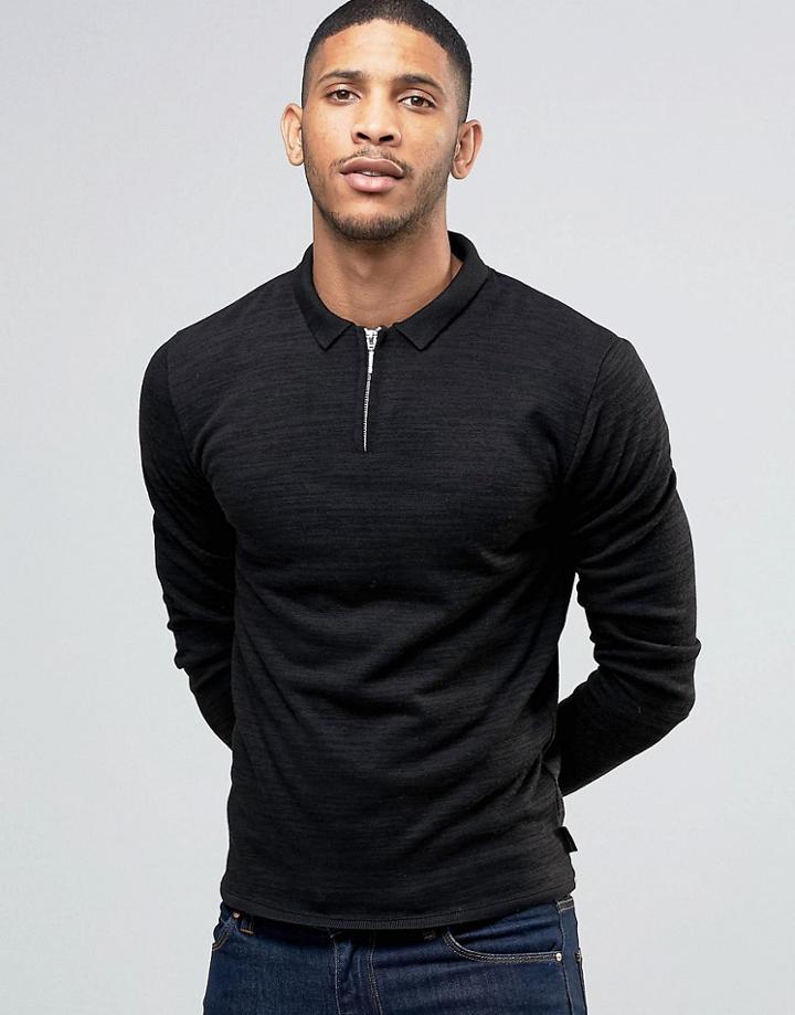 Bellfield Zip Detail Knitted Polo Sweater - Black
