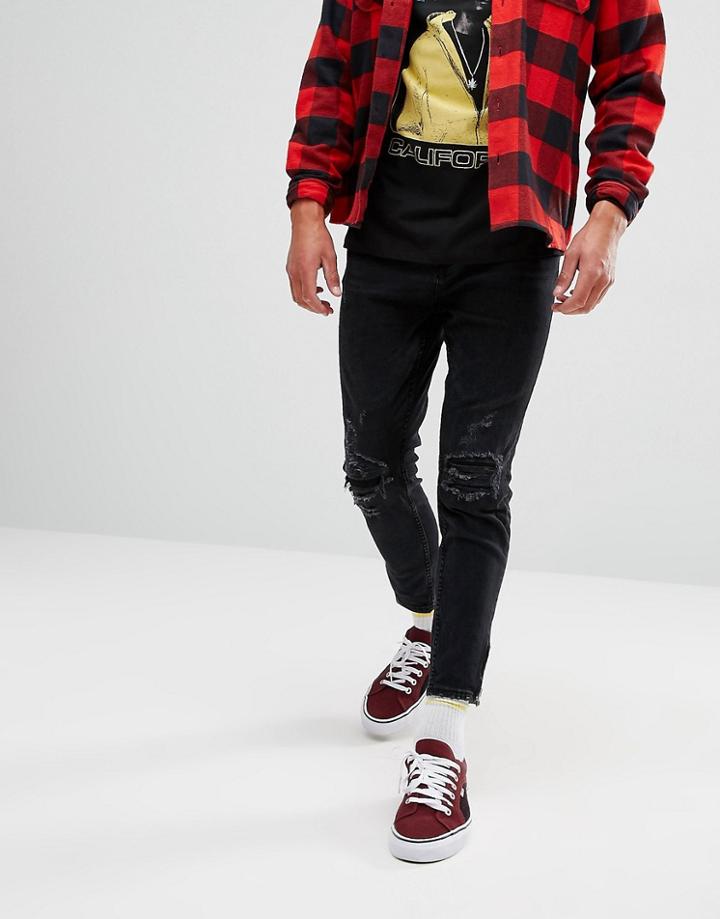 Pull & Bear Carrot Fit Cropped Jeans With Zip Hems In Black - Black