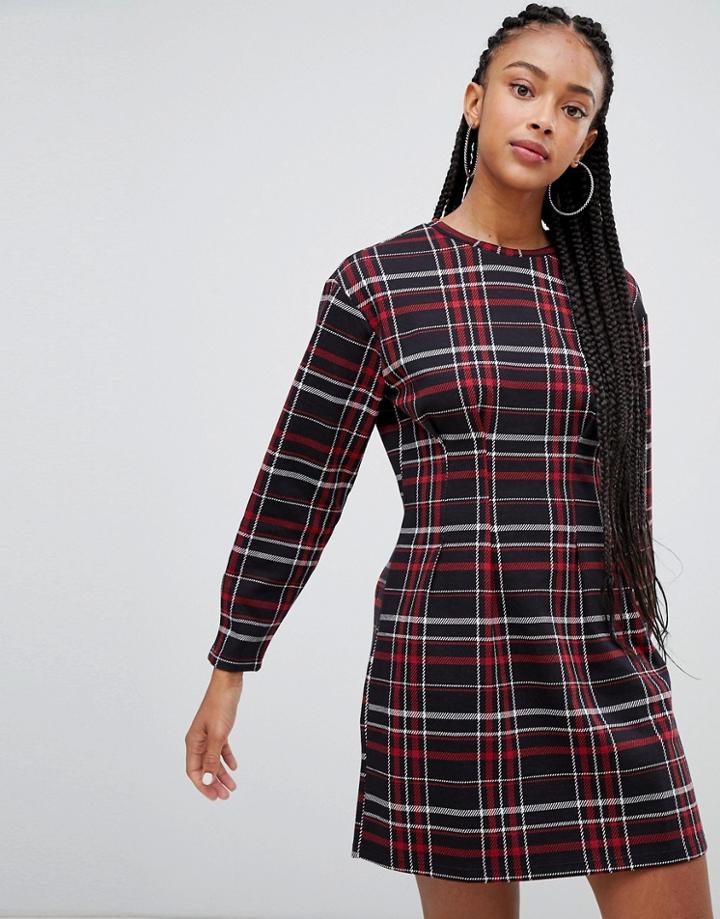 Bershka Waist Fitted Jersey Dress In Check - Multi