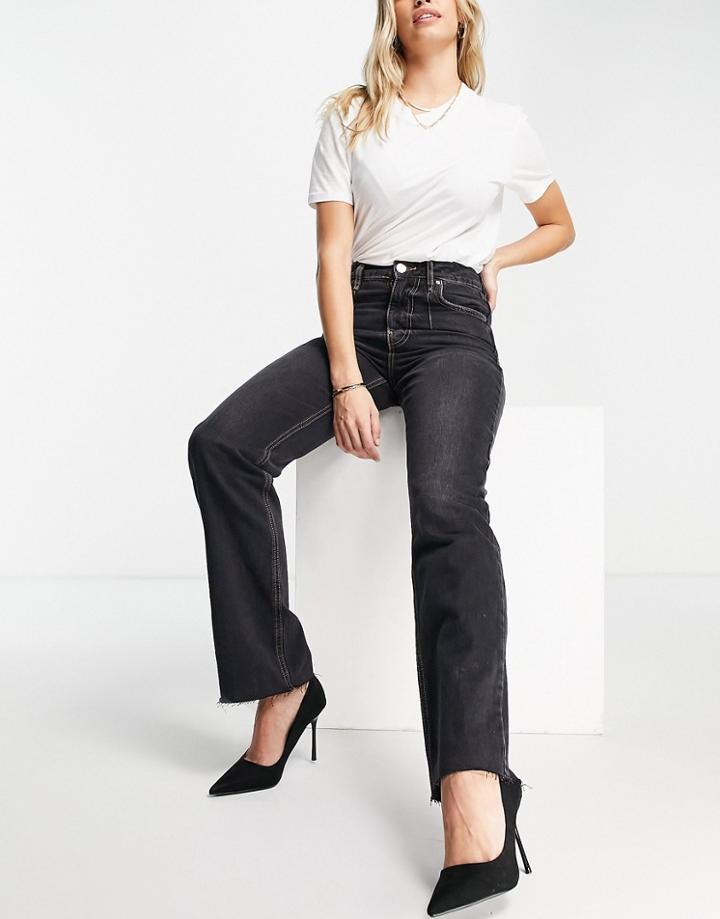 River Island 90s High Rise Straight Cut Jeans With Slit Hem In Black