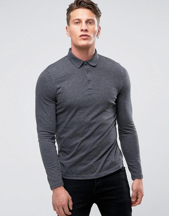 Asos Long Sleeve Jersey Polo - Gray