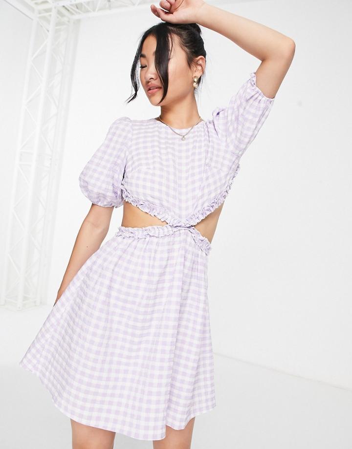 Miss Selfridge Cut Out Frill Detail Mini Tea Dress In Lilac Gingham-purple