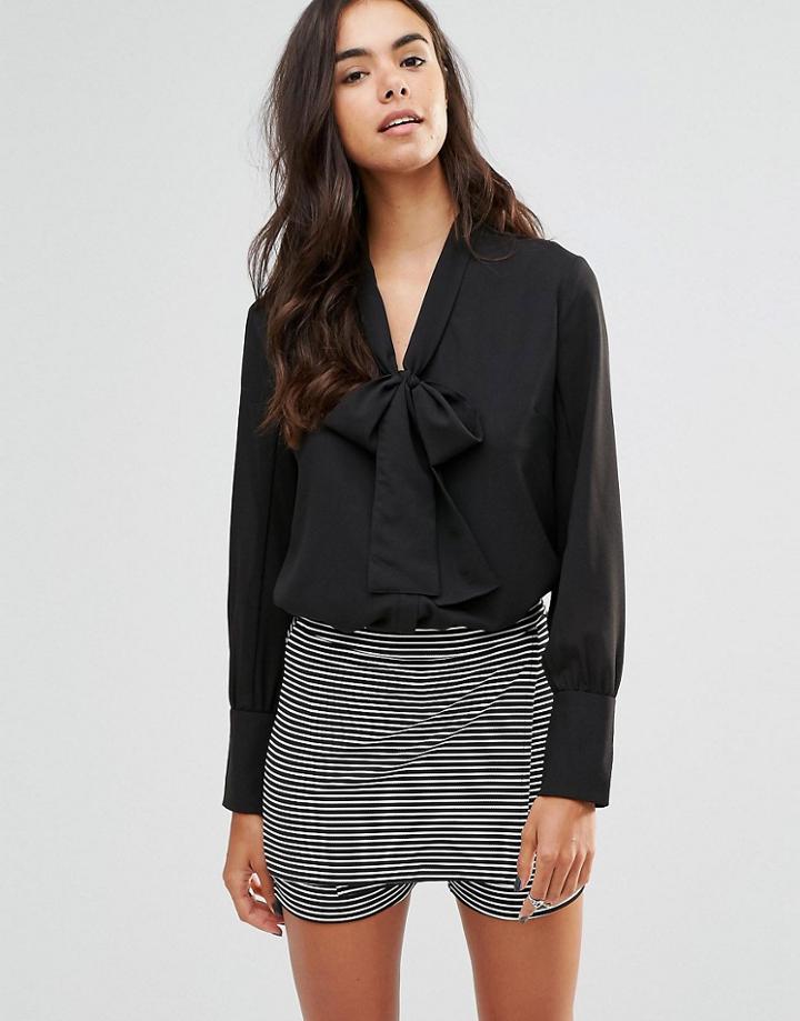 Unique 21 Pussy Bow Blouse In Soft Crepe - Black