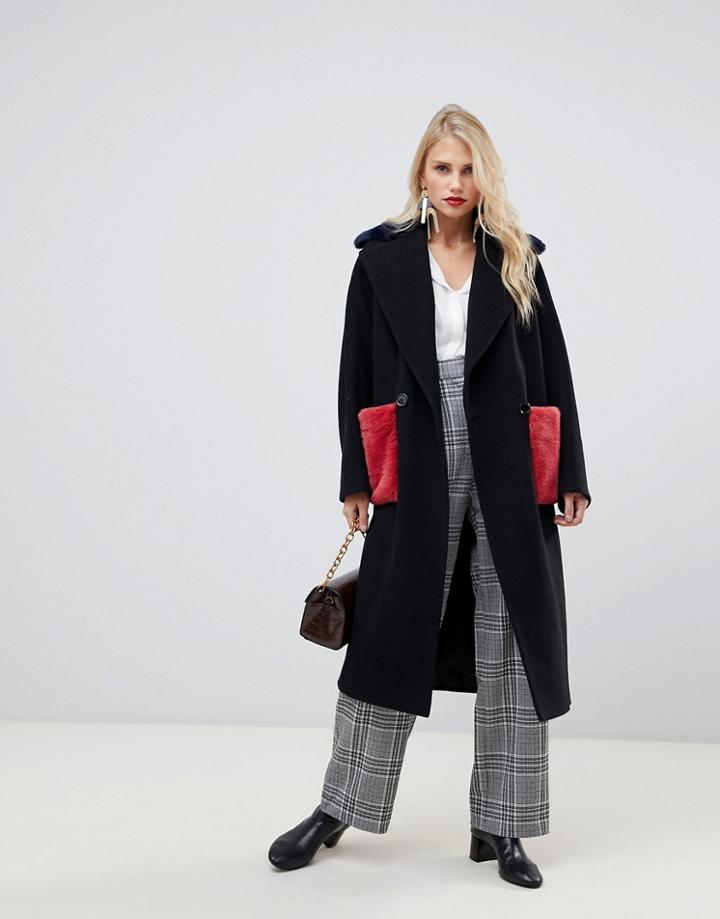 Helene Berman Double Breasted Coat With Contrast Faux Fur Pockets-black