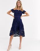 Chi Chi London Bardot Lace Mini Dress With Flippy Hem In Navy