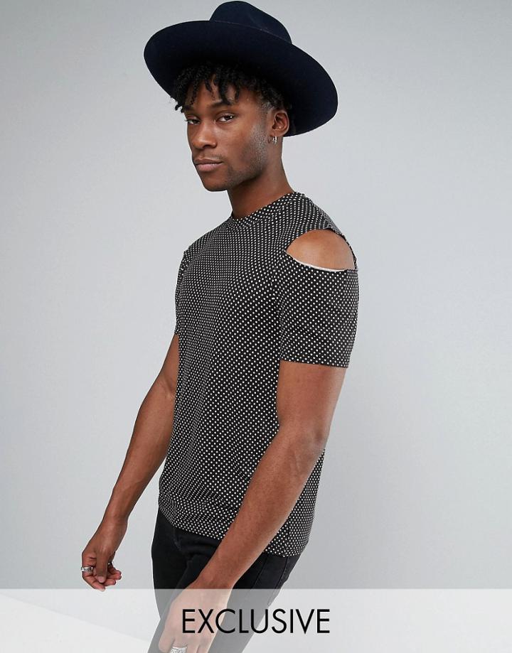 Reclaimed Vintage Polka T-shirt With Cold Shoulder - Black
