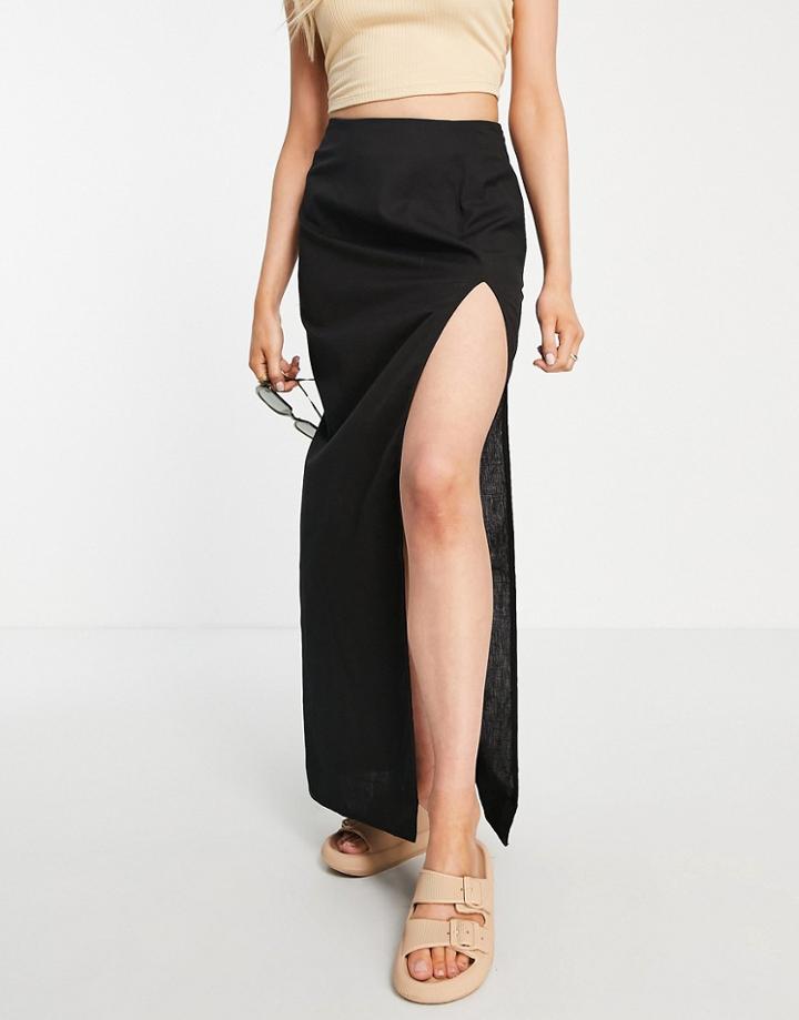 Asos Design Linen Maxi Skirt With Split In Black